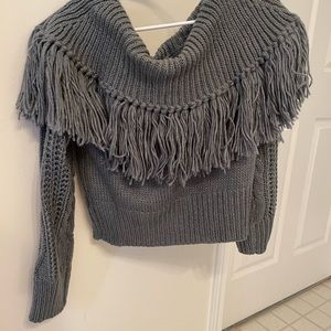 Grayish, blue off the shoulder sweater
